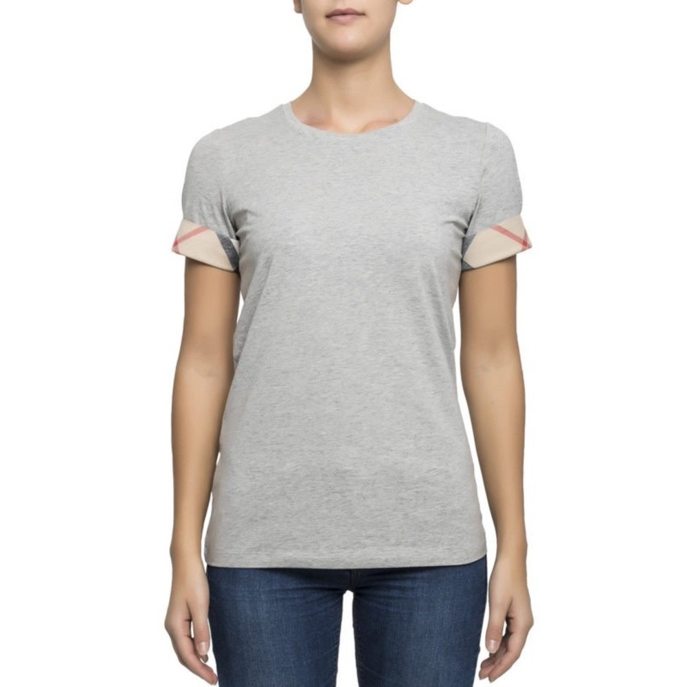 Burberry Brit Grey Cotton Nova Check Cuff Short Sleeve T-Shirt Size M